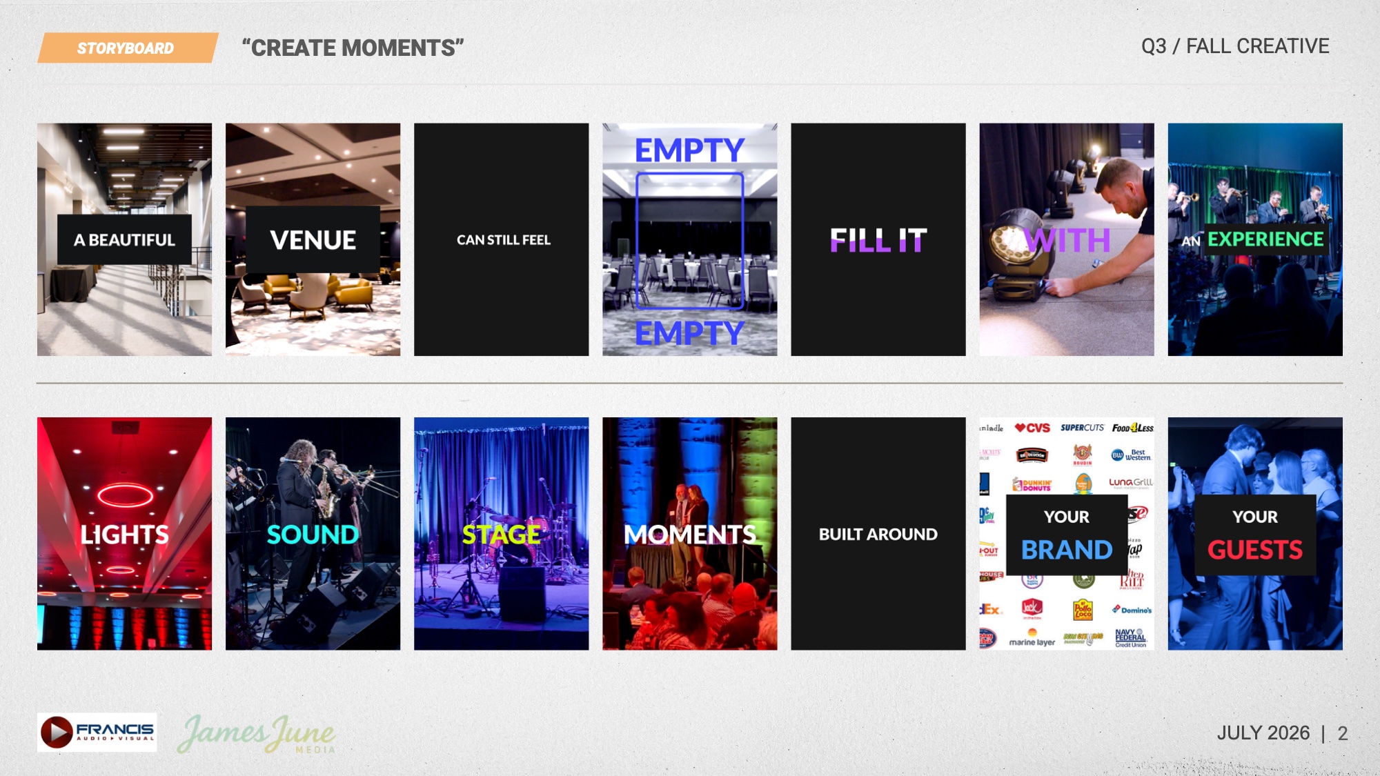 Storyboard page 1: an empty venue becomes an event through lighting, sound, staging and visual production.