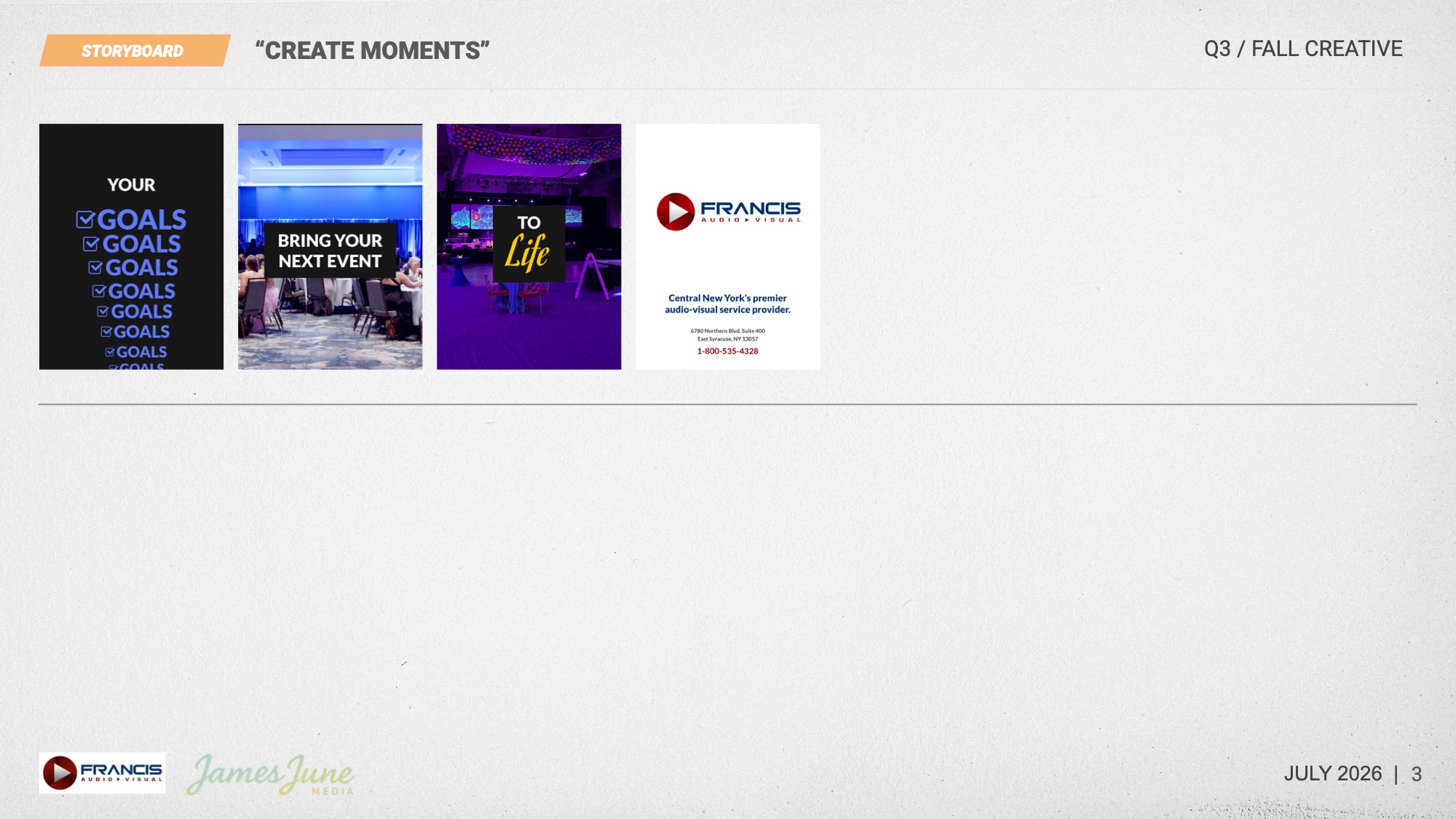 Storyboard page 2: the event experience resolves with the message to bring your next event to life.