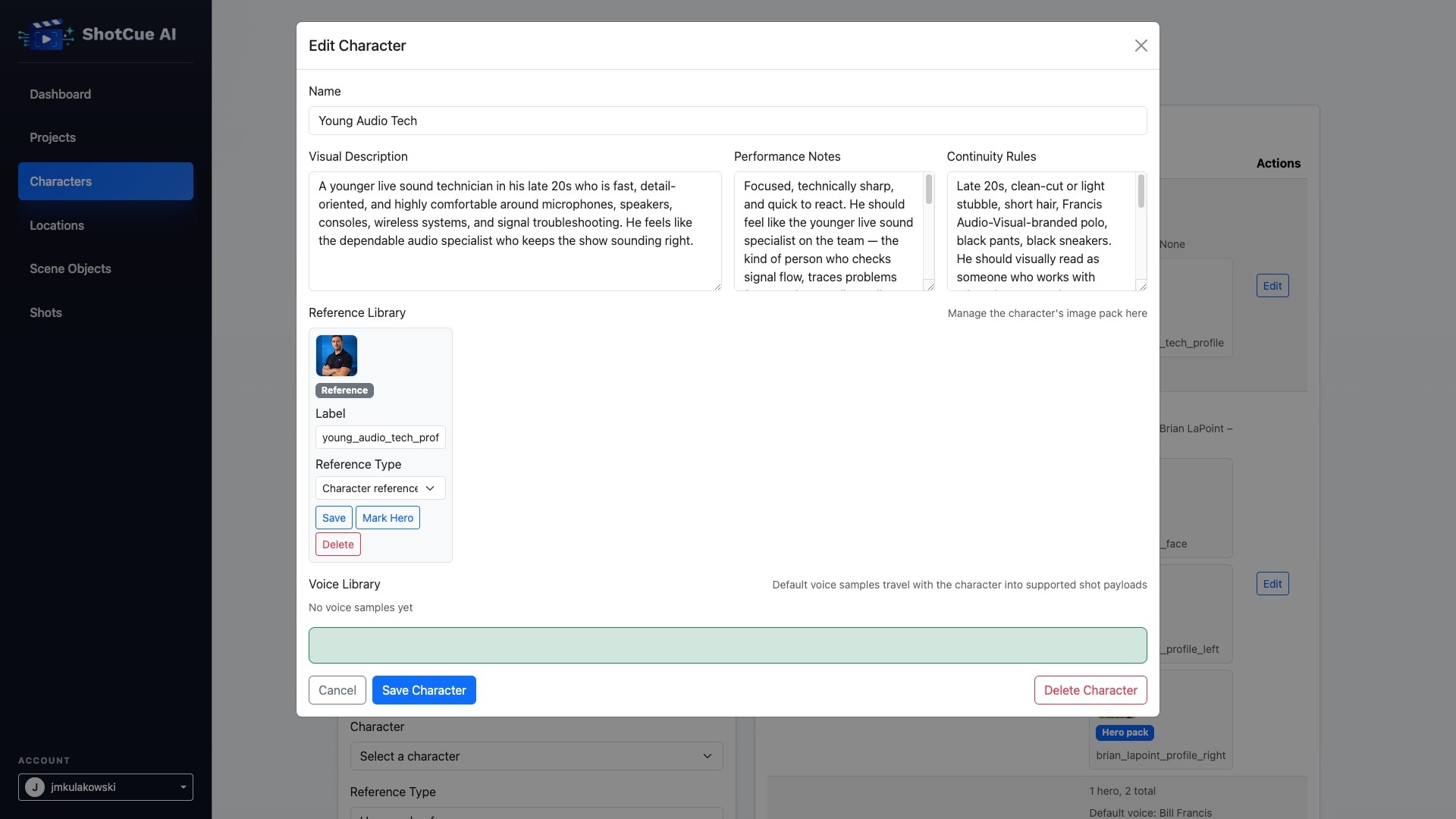 Character editor with visual description, performance notes, continuity rules and a reference image