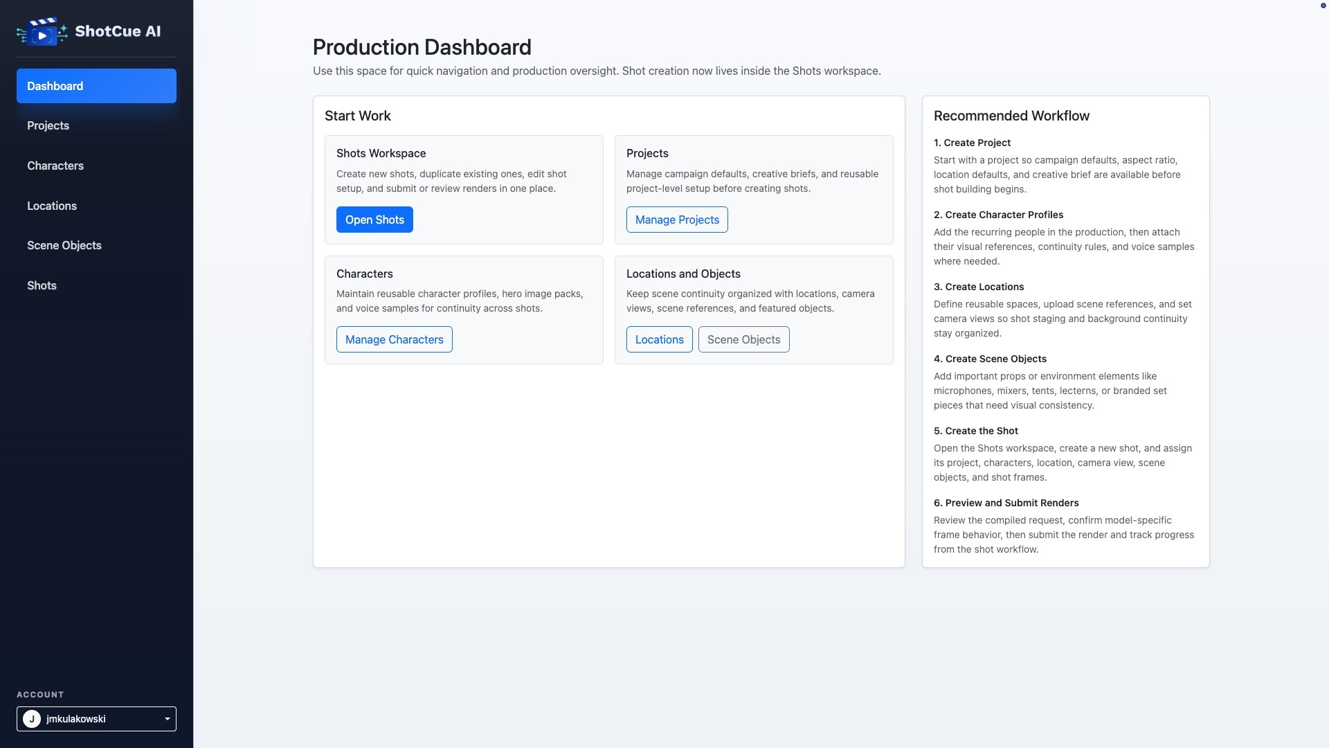 ShotCue AI production dashboard with links to projects, character profiles, locations, scene objects and shots