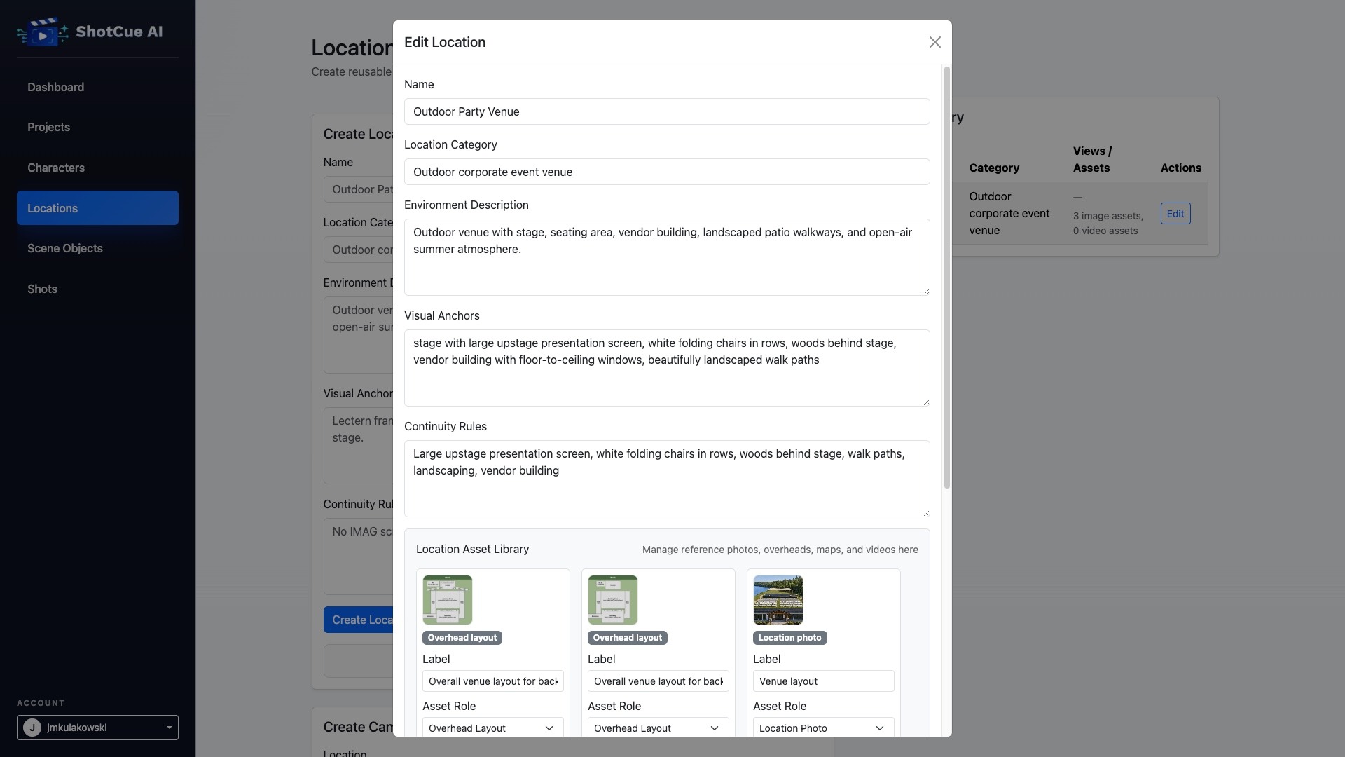Location editor with visual anchors, continuity rules and reference images