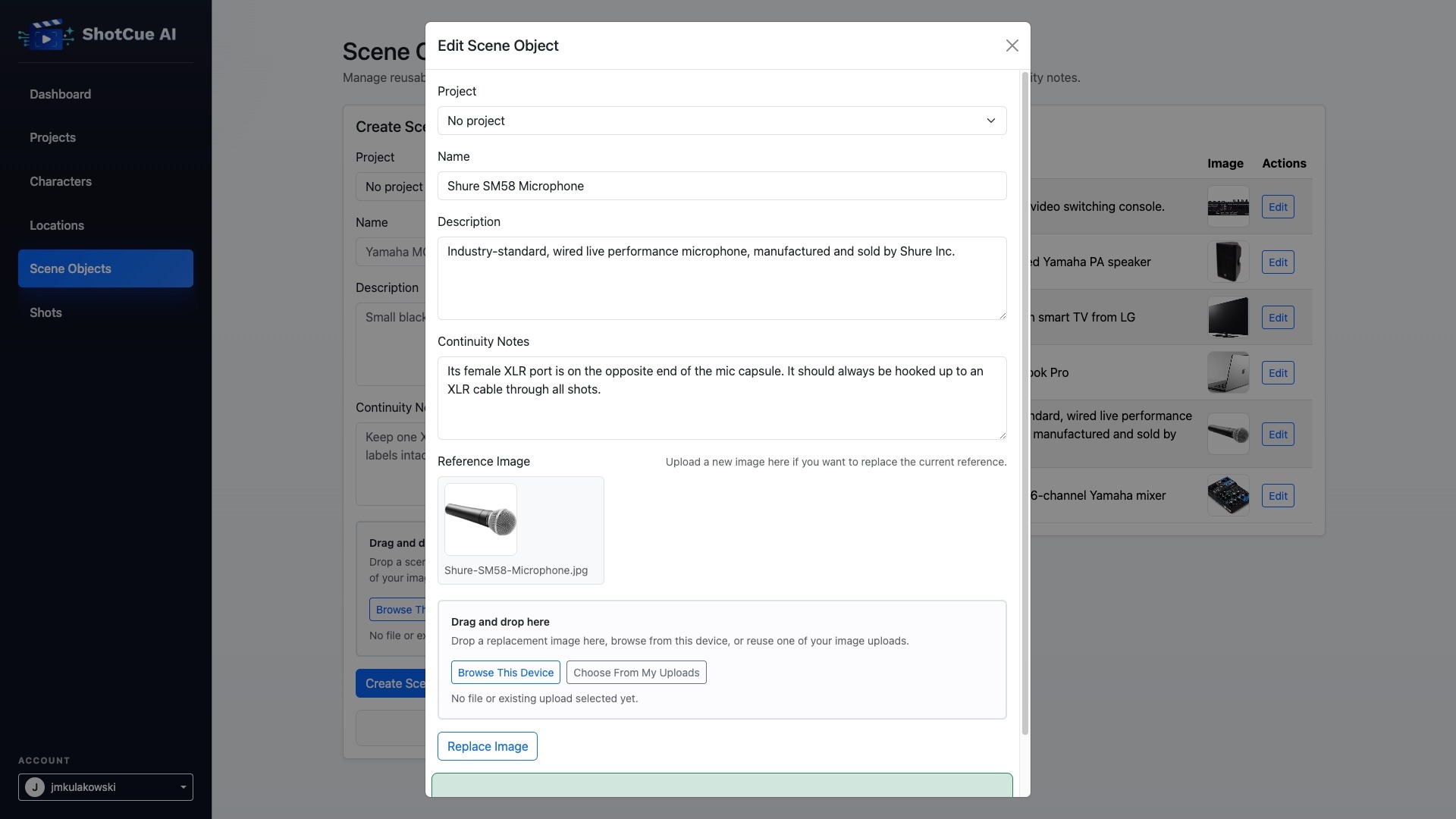 Scene object editor with a microphone reference image and continuity notes