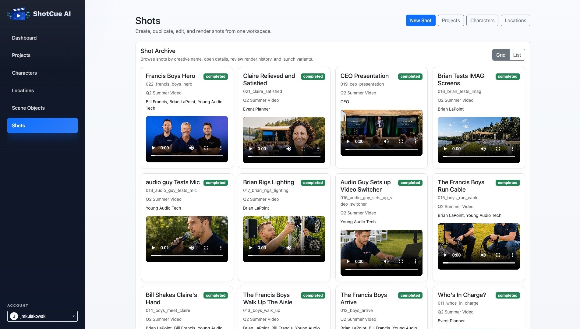 ShotCue AI shots workspace showing generated scenes and their render status